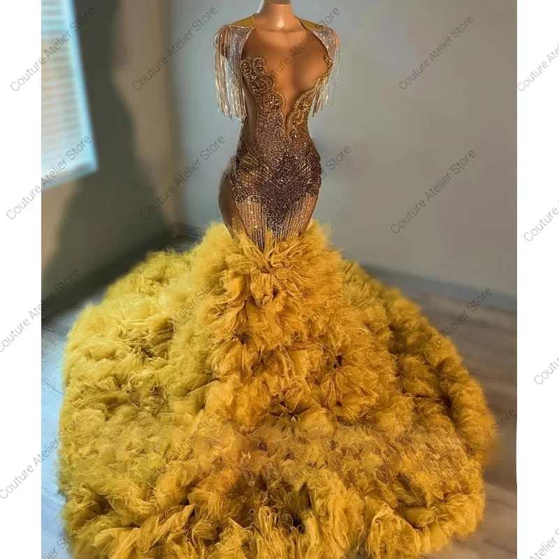 Vestido De graduación De sirena dorado brillante, cuentas brillantes, diamantes De imitación De cristal, volantes, Vestidos De fiesta De cumpleaños personalizados