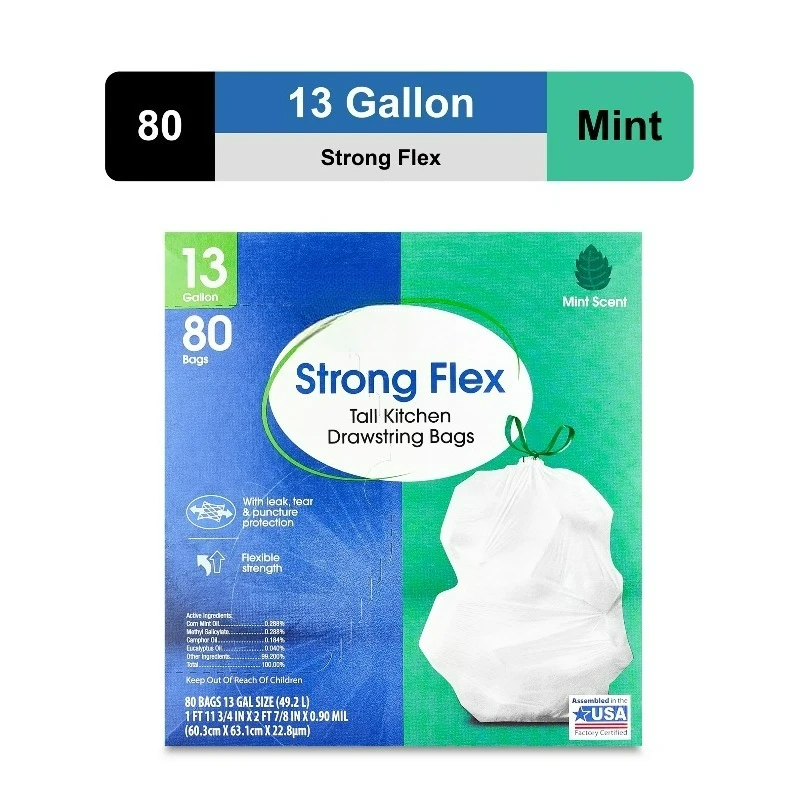 

Прочные гибкие мешки для мусора Strong Flex, 13 галлонов, высокие, для кухни, с ароматом мяты, 80 штук