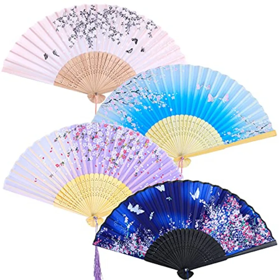4-Piece Folding Fans, Silk Fabric, Handheld, Retro Design, Blue, Purple, Pink, 8.3