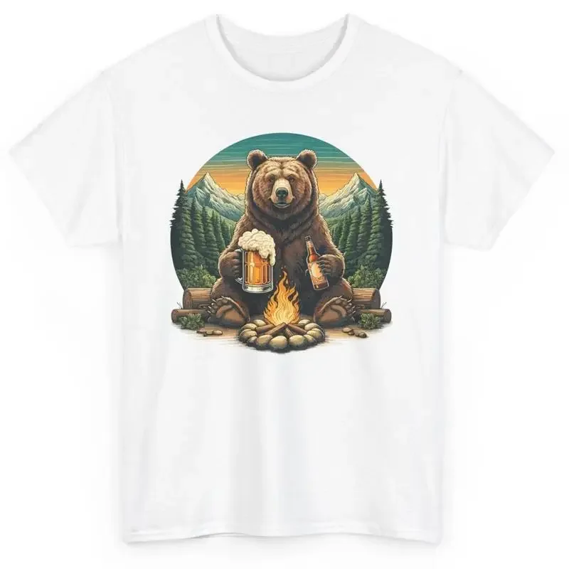 Campers Bear Drinking Beer Funny T Shirt Camp Fire Woods Outdoor