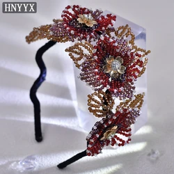 HNYYX Crystal Beaded Flower Headband Red Vintage Headband for Women Festive Decor Hair Accessories Wedding Party Head Piece A62