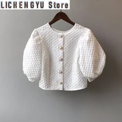 South Korea Dongdaemun summer retro puff sleeve shirt women temperament short small fragrance top women trendy