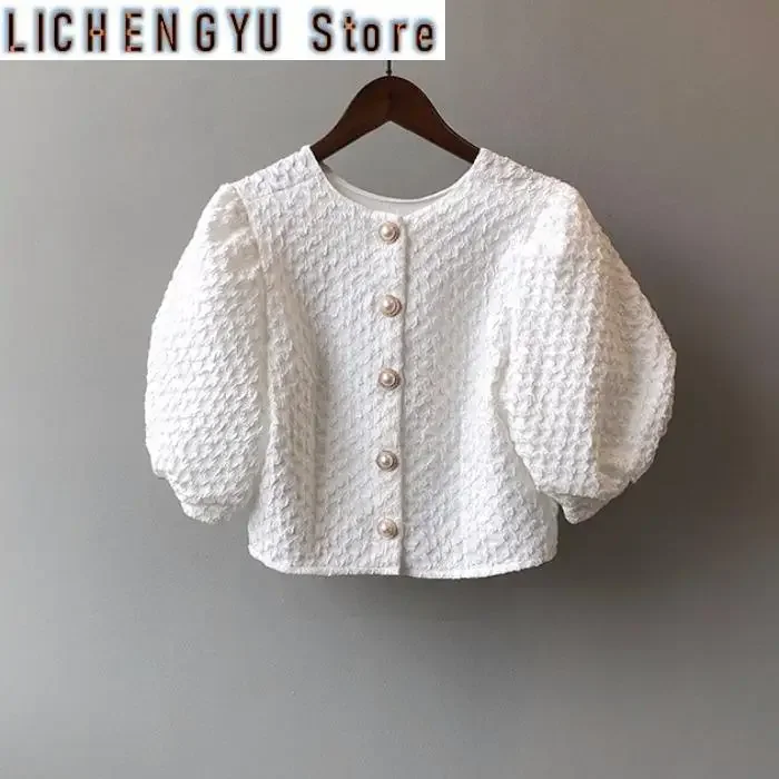 South Korea Dongdaemun summer retro puff sleeve shirt women temperament short small fragrance top women trendy