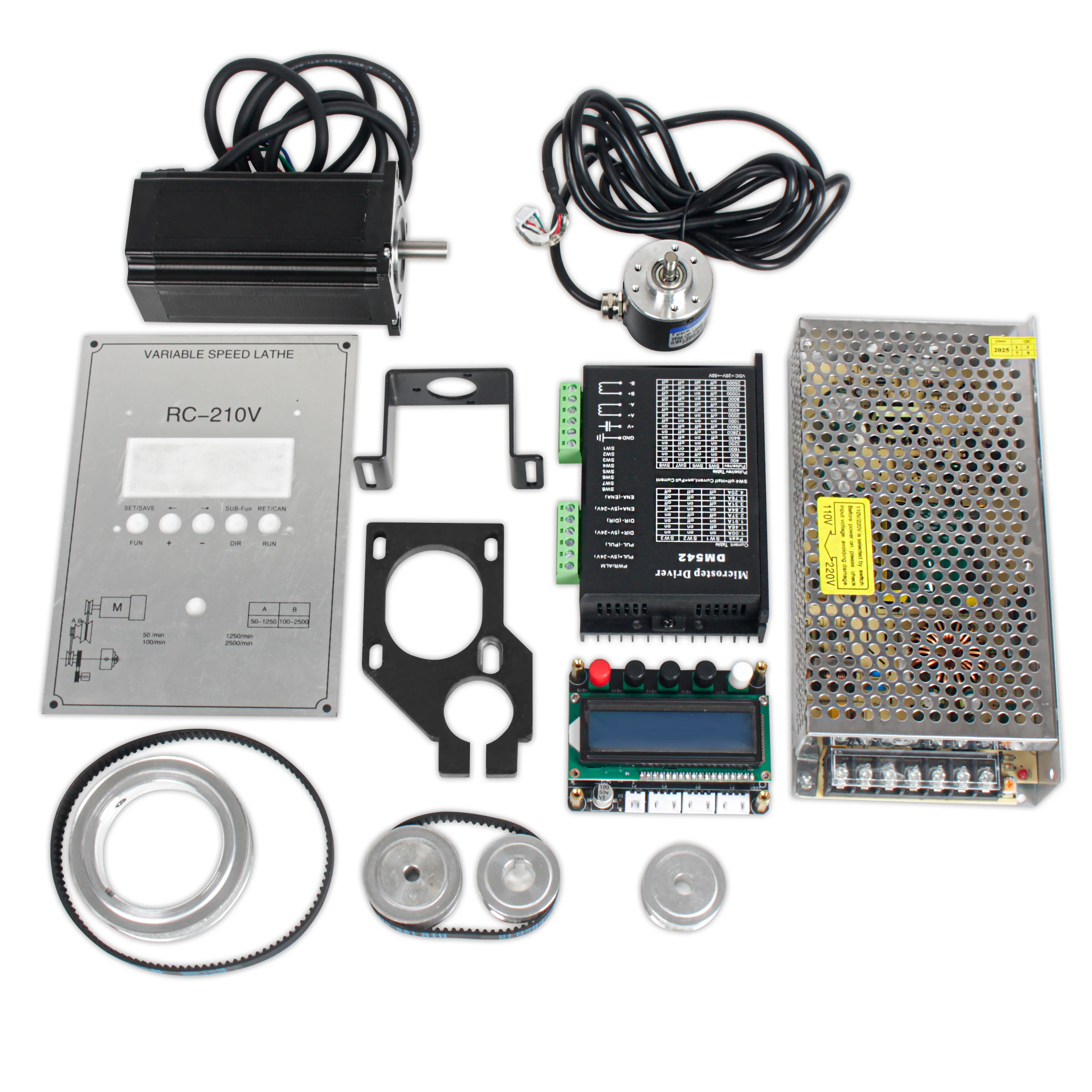 RC-210 Drehmaschinen-Gewindeschneidset mit Abdeckung, Gewindeschneid- und Drehset für Mini-Drehmaschine, einschließlich Schrittmotor, Encoder, Steuerplatine, Netzteil und Riemenscheibensatz