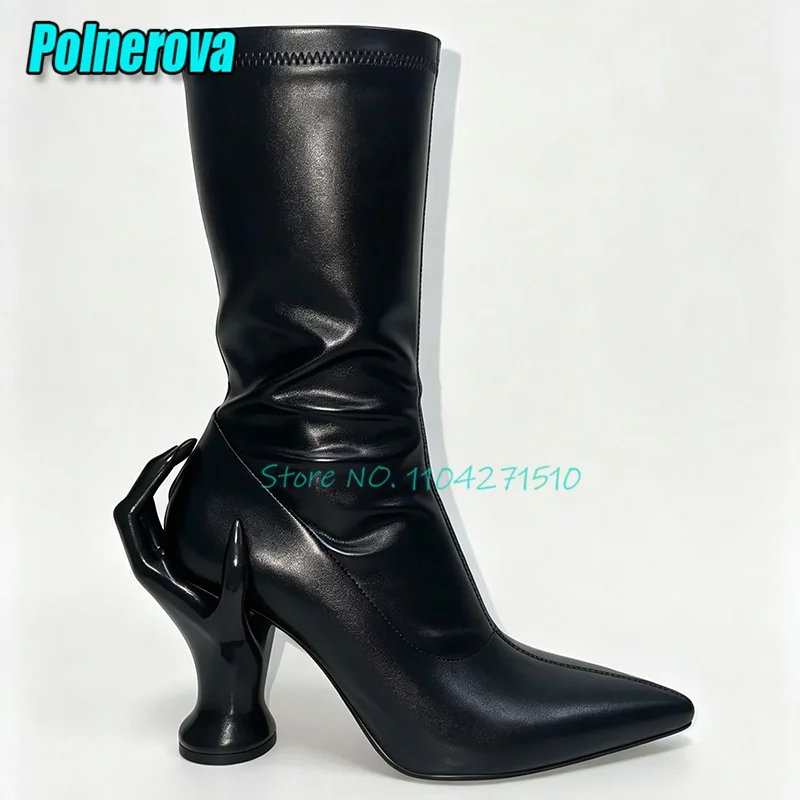 Black Leather Hand-Shaped Heel Short Boots Unique Sexy Pointed Toe Elastic Boots Customizable Women's Shoes for Party Runway