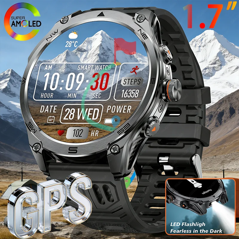

2026 new GPS sports smartwatch 1000mAh large battery LED flashlight compass barometer military grade men's smartwatch gift