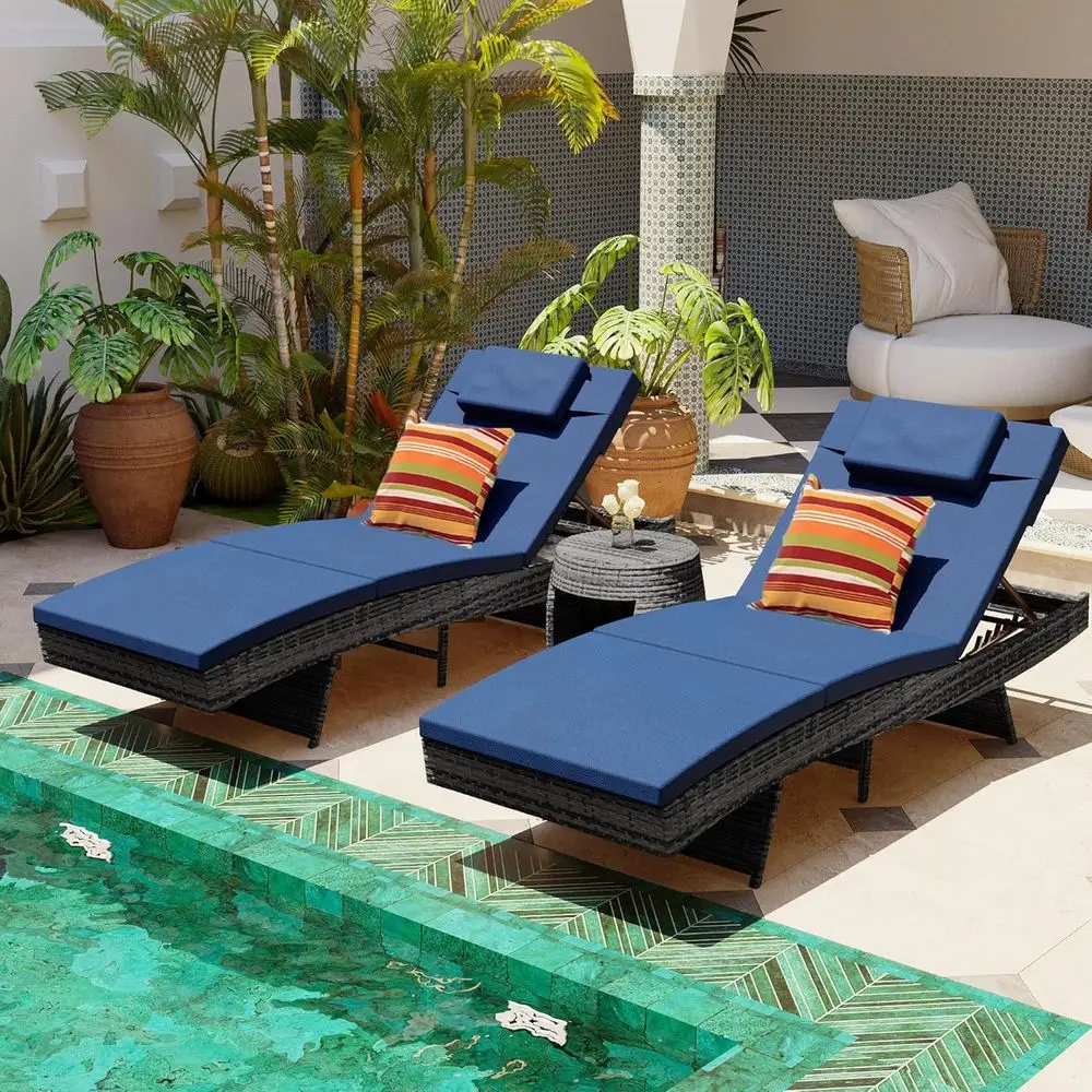 

2-Piece Outdoor Rattan Chaise Lounge Set with Cushions and Pillows, Adjustable for Patio, Deck, or Yard, Navy Blue