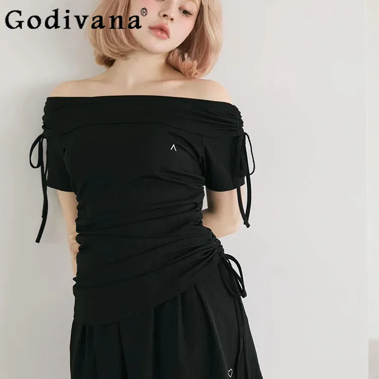 

Японский стиль с открытыми плечами и милым галстуком, футболка с короткими рукавами, юбка, комплект из 2 предметов для женщин, летние повседневные шорты с эластичной резинкой на талии, комплект 2025