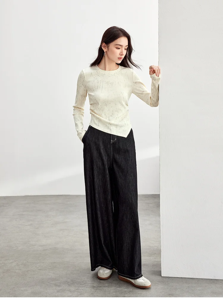 SENTUBILA Baumwoll-Druck-T-Shirt für Damen, Falten, unregelmäßiger Strick, Rundhalsausschnitt, lange Ärmel, einfache Crop-Tops, Frühjahr 2026, 151T58434 – Detail 23