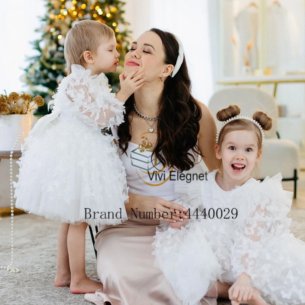 Vestidos blancos de flores con encaje para niñas, vestidos de fiesta de boda de línea A, manga larga, cremallera trasera, 2024