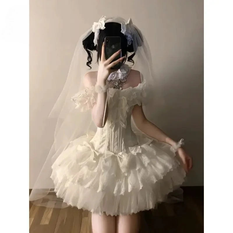 

Sweet Lolita Mini Dress Women Floral Lace Bowknot Corset Ruffle Tiered Skirt Princess Birthday Party Kawaii Japanese Fashion