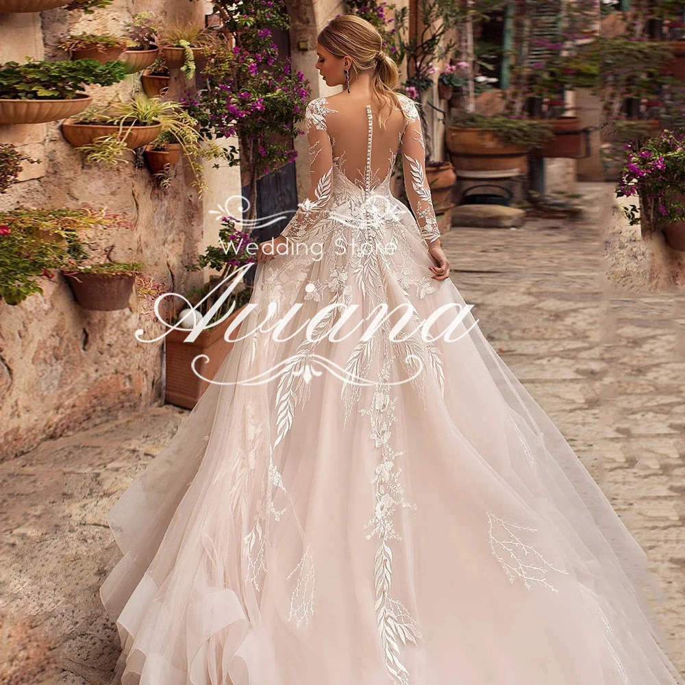 Customized Aviana Sheer Long Sleeves V Neck Floral Lace Embroidered Ball Gown Wedding Dress Open Back Long Train New Design 2025