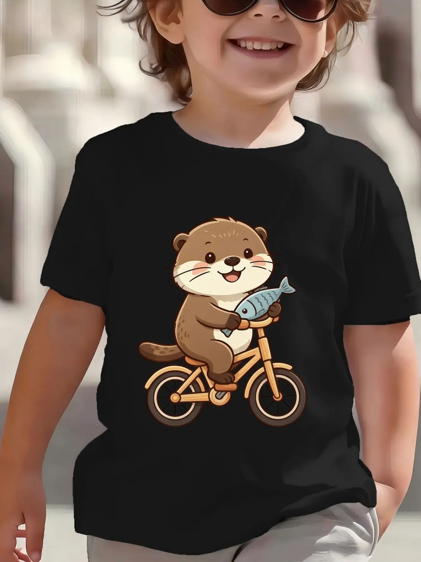 Kids Boys Girls Parent Child Matching Tee Cute Otter Riding Bicycle Graphic Print Short Sleeve Crew Neck Soft Daily Wear Tee