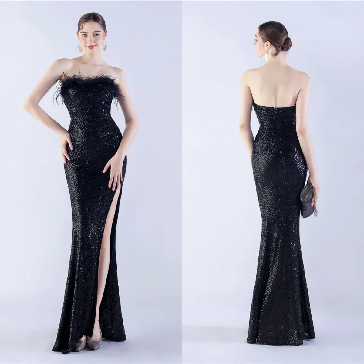 

Evening Dress Black Sequins Stretchy Strapless Feather Zipper Back Mermaid Trumpet Floor Length Women Party Formal Gowns YE100