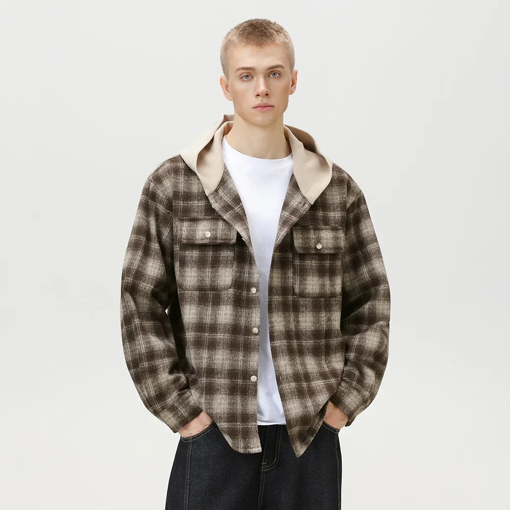 

TFETTERS 2025 Осенняя винтажная рубашка с длинным рукавом для мужчин с капюшоном из матовой ткани, клетчатая уличная рубашка, роскошная дизайнерская одежда