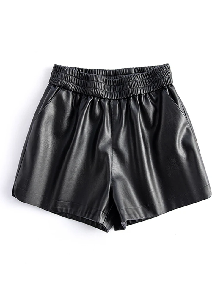 New 2024 Real Leather Shorts for Women Wide Leg Short Women Genuine Sheepskin Leather Pants High Waist Black Shorts Ropa Mujer