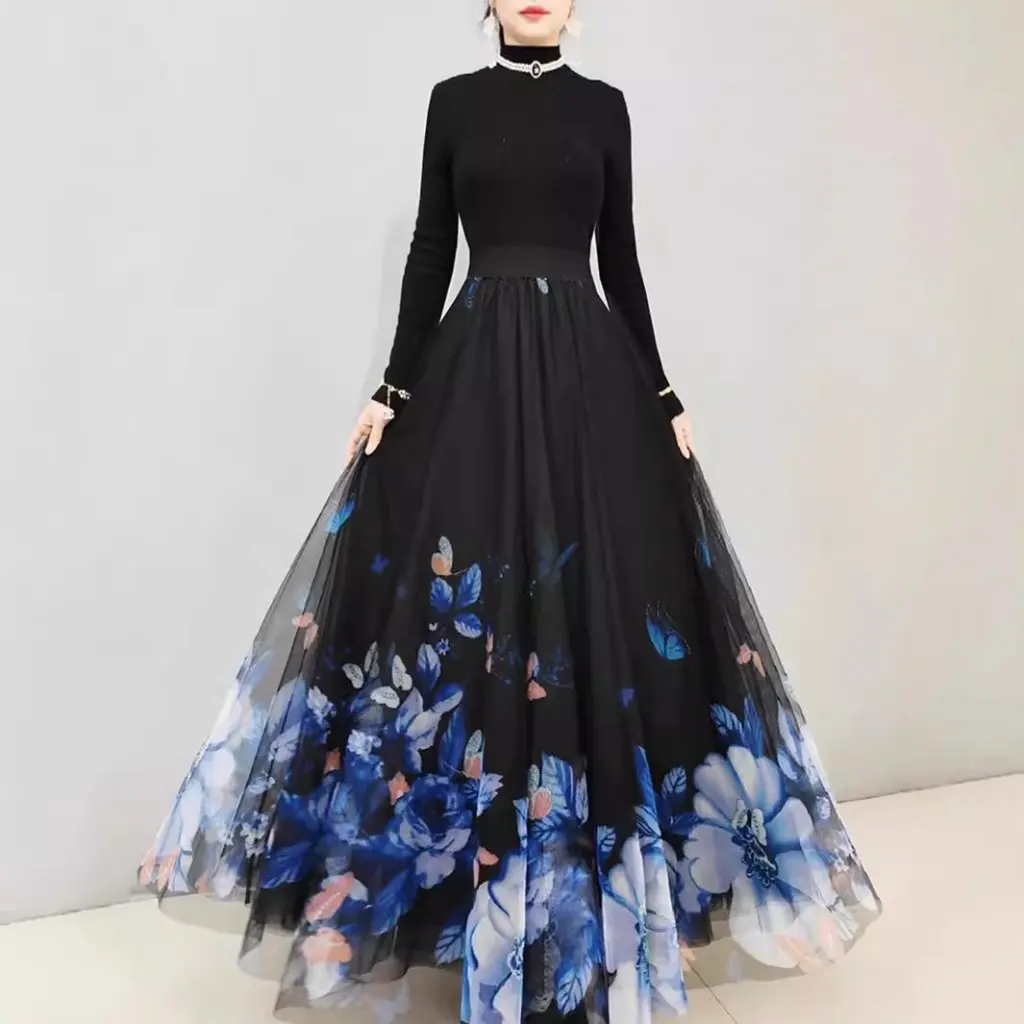 

Elegant French Style Long Dress High-Grade Mesh Floral A-Line Swing Half-Length Tight Waist Dancing Gauze Dress