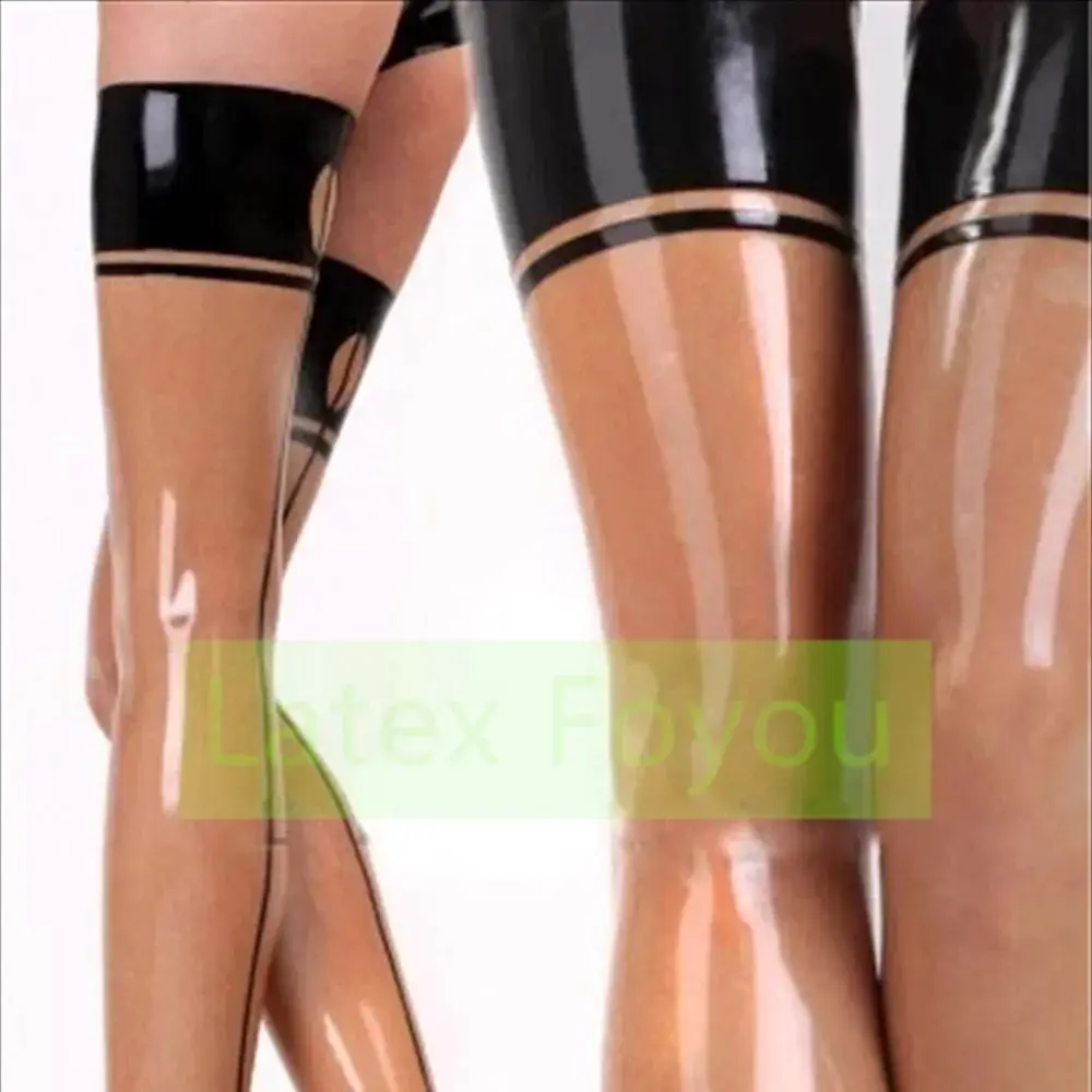 Handgefertigte Unisex-Latexstrümpfe, transparent mit schwarzem Rand, Gummi, oberschenkelhohe Damensocken, Halloween-Cosplay-Kostüme