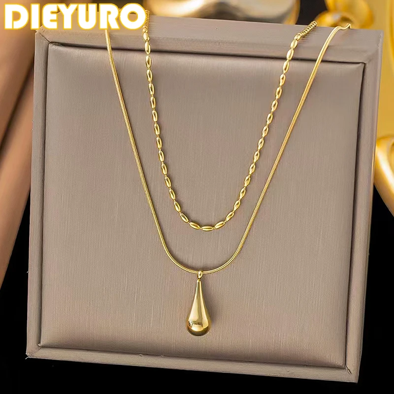 DIEYURO 316L Stainless Steel Golden Water Droplet Double-layer Necklace For Women Trend Fashion Neck Chain Jewelry Daily Gift