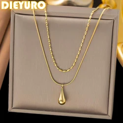 DIEYURO 316L Stainless Steel Golden Water Droplet Double-layer Necklace For Women Trend Fashion Neck Chain Jewelry Daily Gift