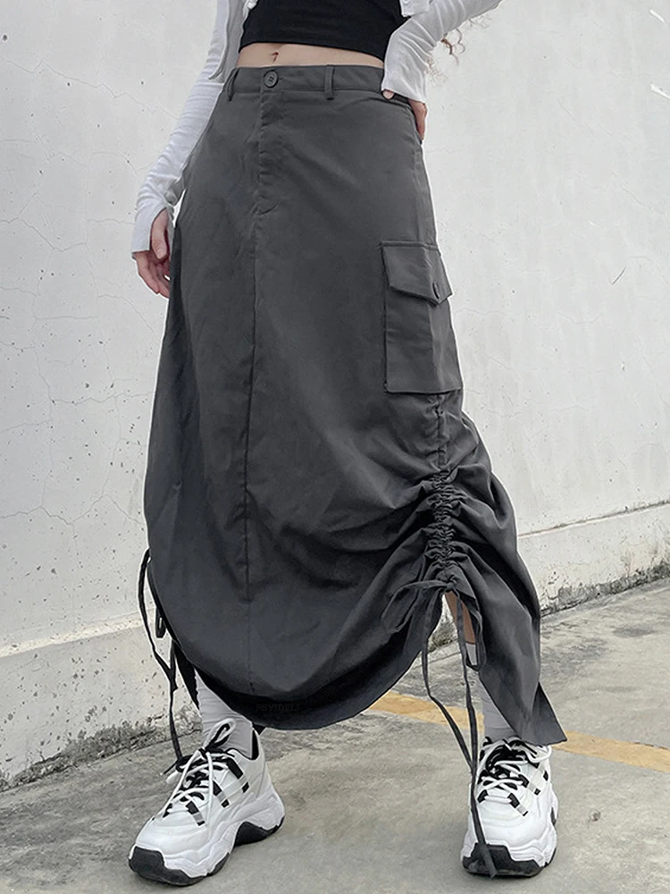 

Vintage Side Pleated Skirt Women Fashion Irregular Slit Long Skirt Street Avant-Garde Trend Skirt Lady All-Match Tooling Skirt