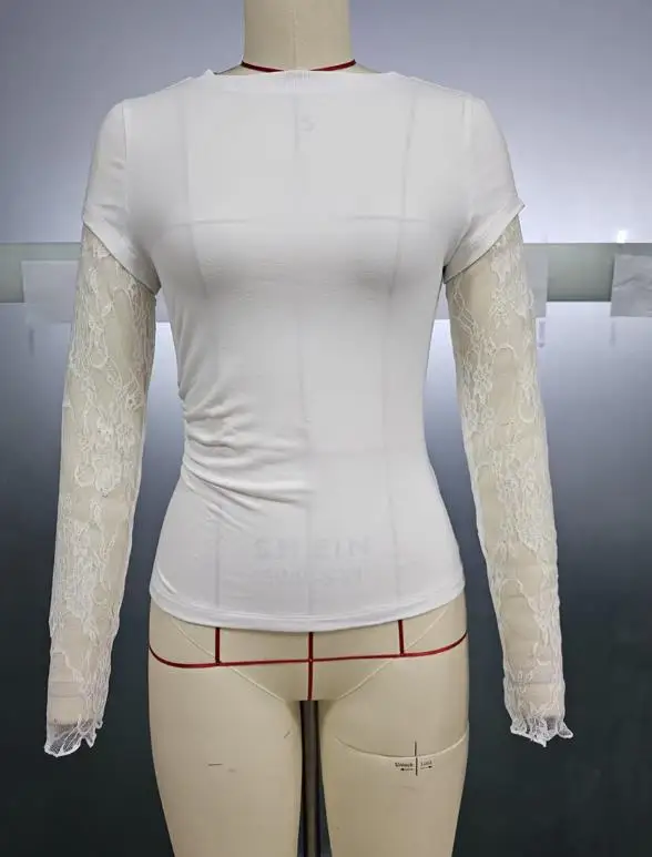 

Top Women 2026 Spring Autumn New Solid Color Lace Patchwork Round Neck Long Sleeved Casual Daily Slim Fit T-Shirt Top