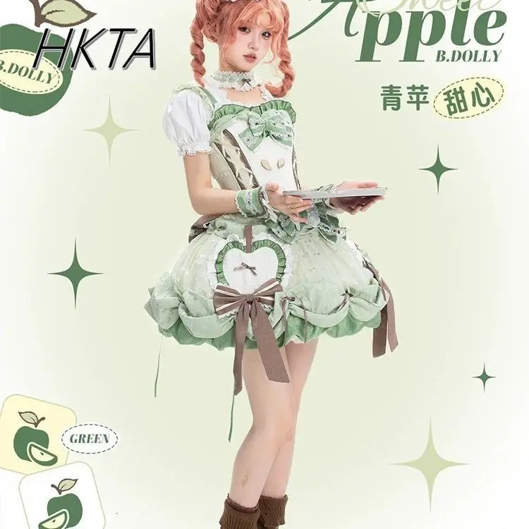 Lolita Kant Boog Taille Groene Jarretel Jurken JSK Vrouwelijke Zoete en Leuke Zomer Slim Fit Vliegende Mouwen Korte Bud Jurken Vrouwen