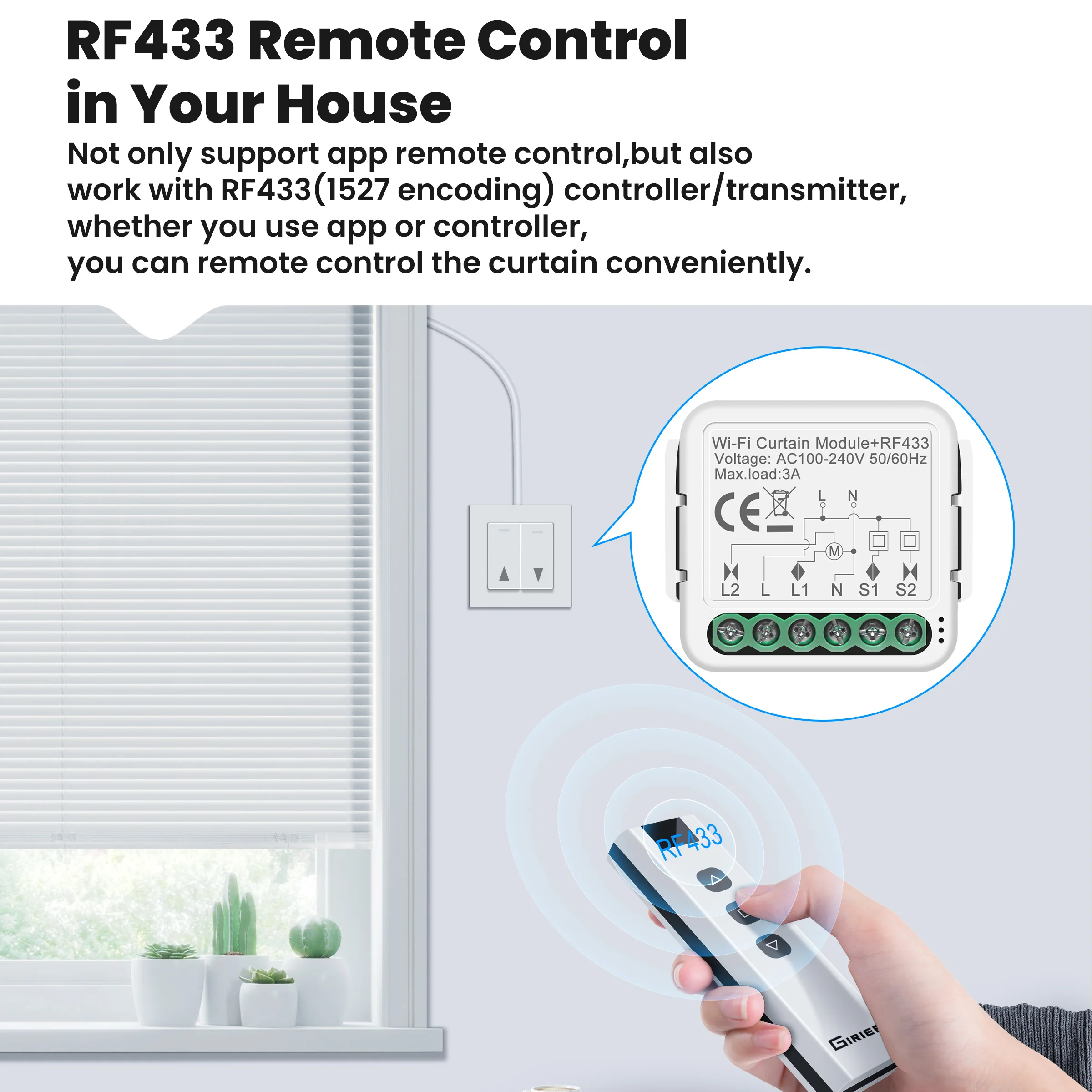 GIRIER Tuya WiFi RF433 Curtain Switch Module Smart Curtain Switch for Electric Roller Shutter Blinds Works with Alexa Hey Google