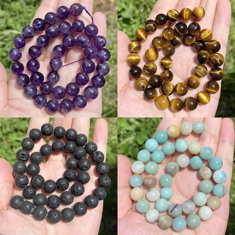Natural Stone Beads 4 6 8 10mm Tiger Eye Lava Amethyst Green Dongling Pearl Jewelry Making DIY Bracelet Necklace