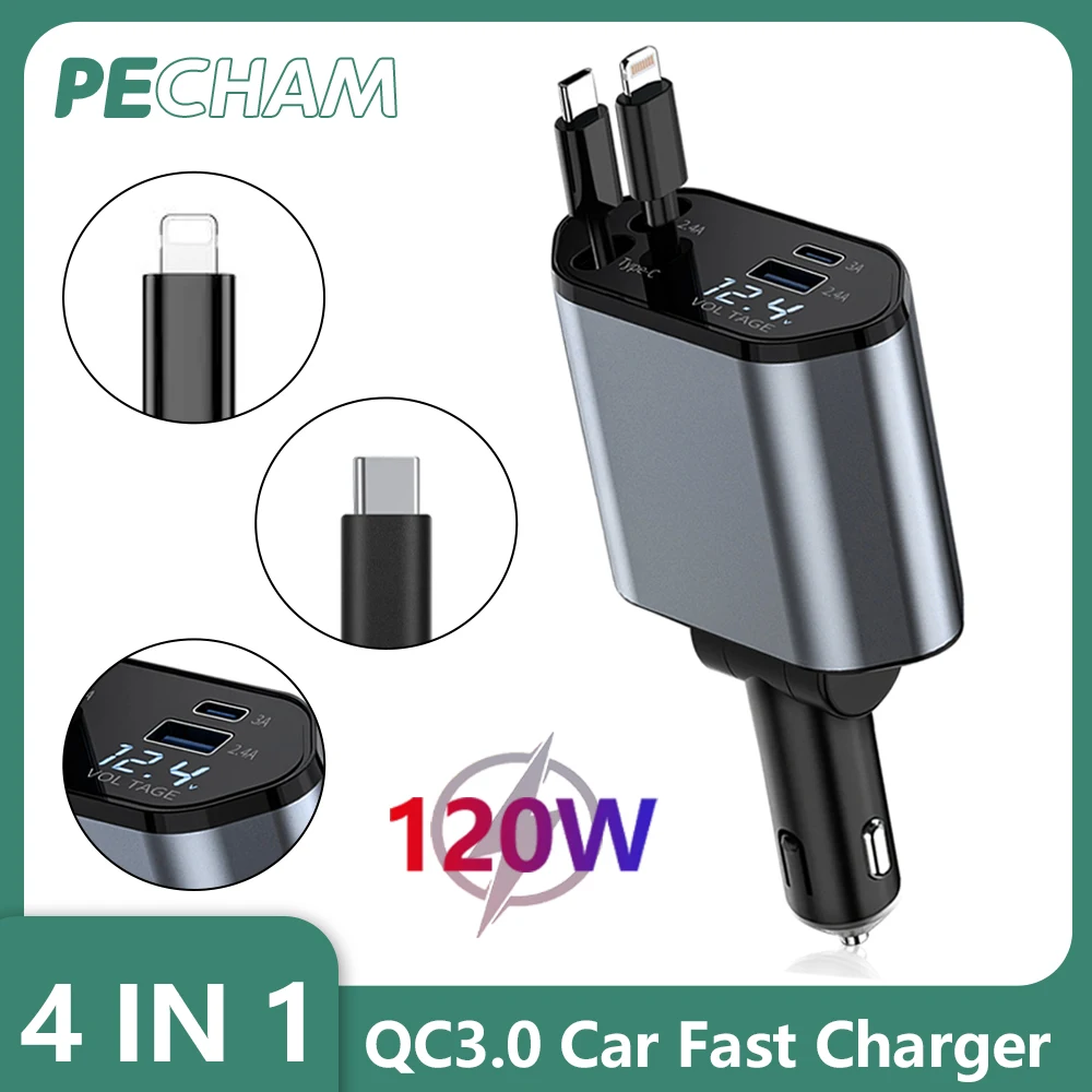 120W Fast Car Charger, 4 in 1 Retractable Charge Car Phone Charger Adapter, Retractable Cables USB-C and 2 USB Ports Car Charger