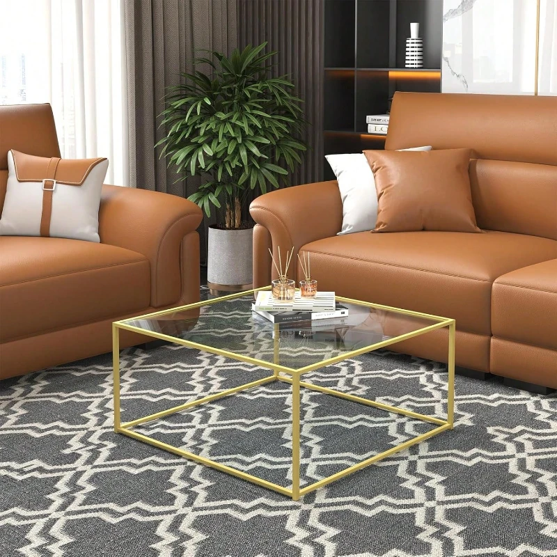 Glass Coffee Table 26.4x26.4x15.7 Inch Modern Minimalist Tempered Glass Top Metal Frame for Living Room Gold