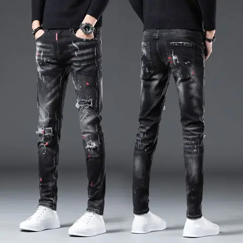 New Arrival Spring Autumn Denim Jeans for Men Slim Distressed Ripped Pants Paint Splatter Design Streetwear Luxury Slim Jeans