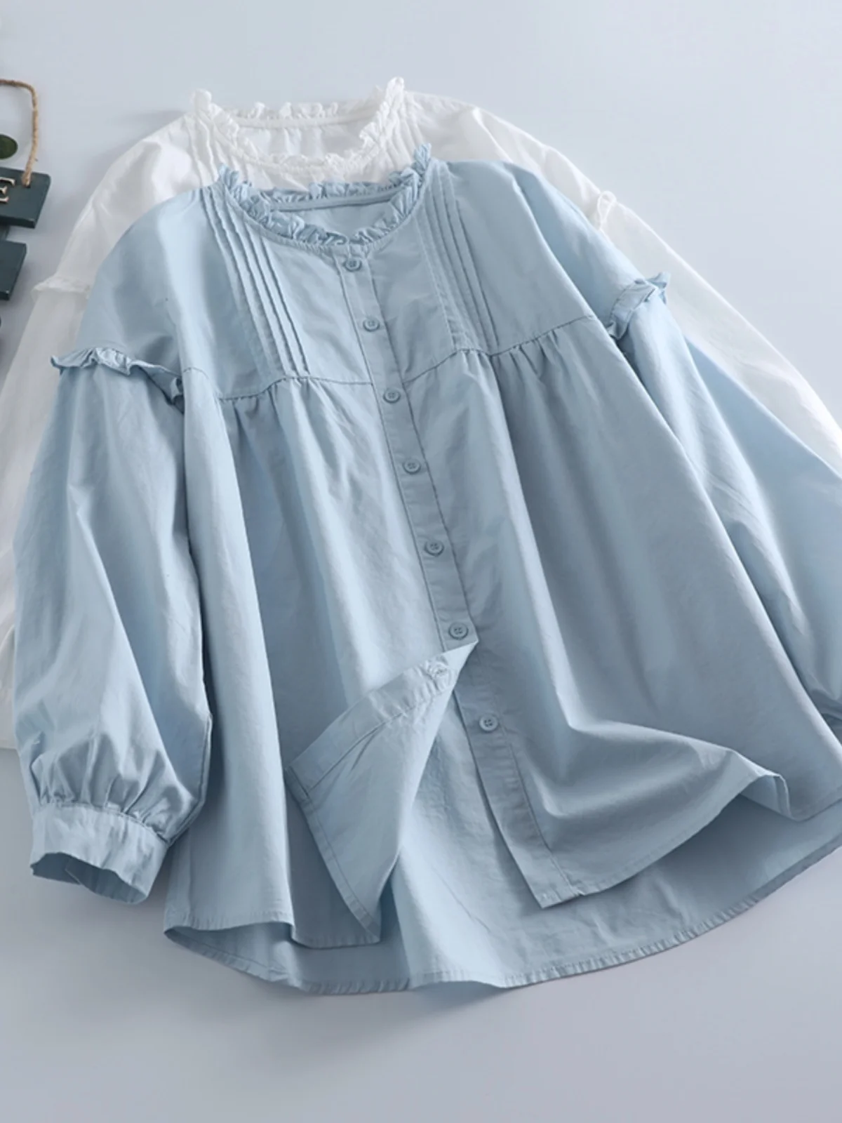 

Japanese Ruffled Collar Pleated Blue Long-sleeve Loose Shirt For Women Autumn Harajuku Preppy Spliced Commuting Versatile Tops