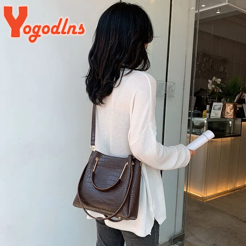 Yogodlns Crocodile Pattern Bucket Bag Women Bag Fashion Handle Bag Ladies Shoulder Bag Female Alligator Crossbody Bag