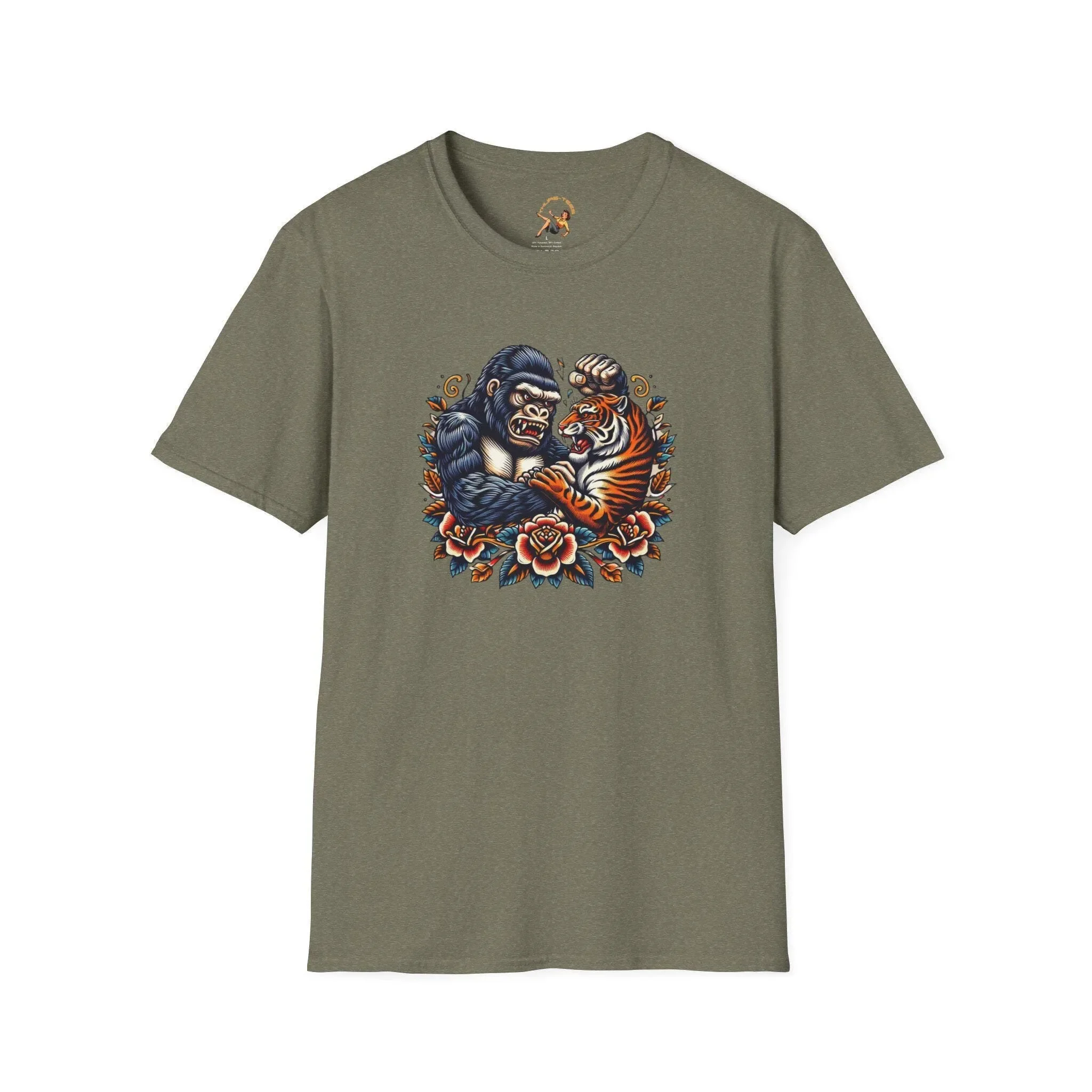 Gorilla Tiger Fight T-Shirt Vintage Tattoo Retro Dschungeltiere