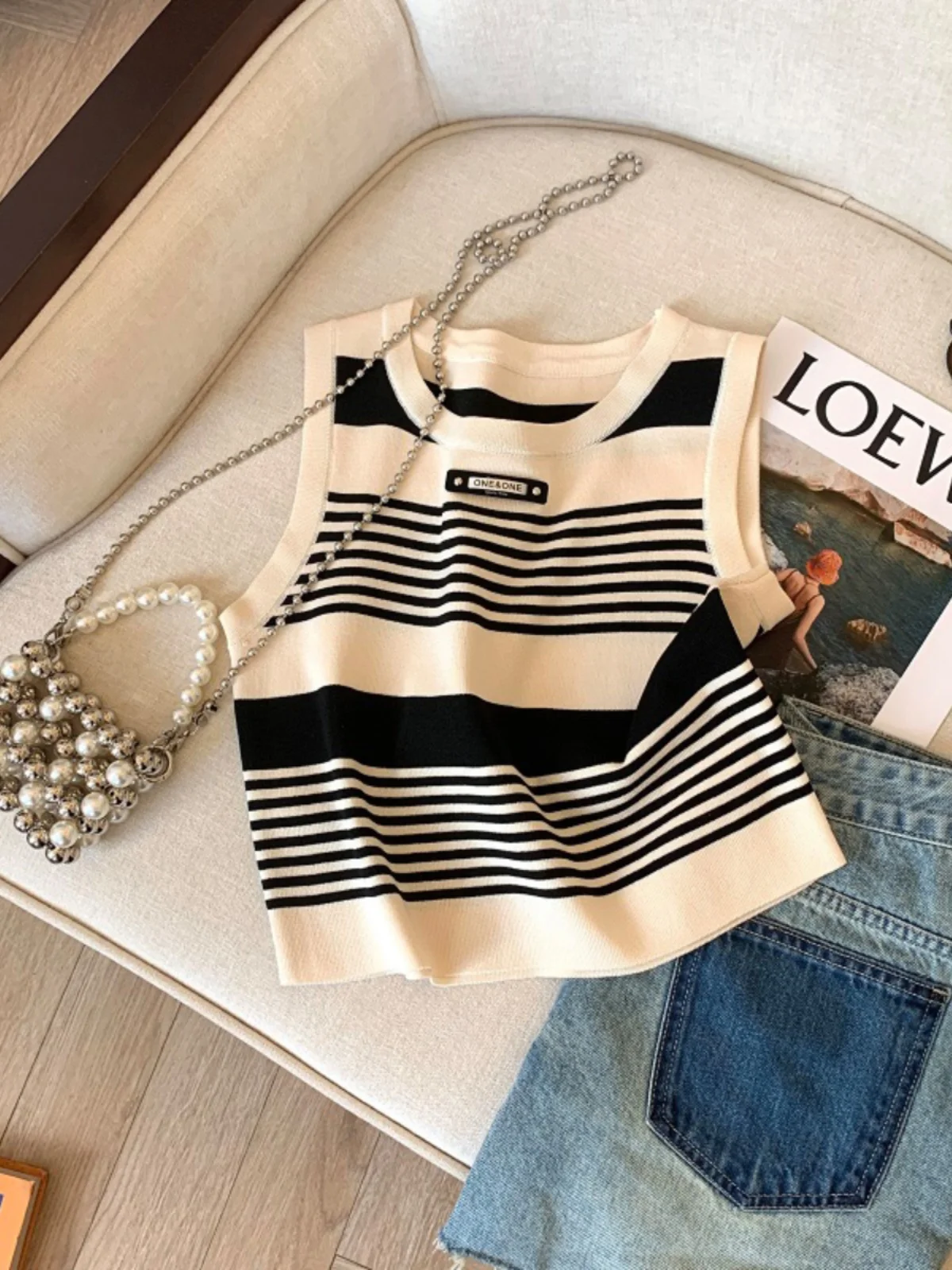 Ice Silk Knitted Stripe Work irt Strap Vest Women Inner Summer Outer Wear Hide Side Breast No Sve ort Top