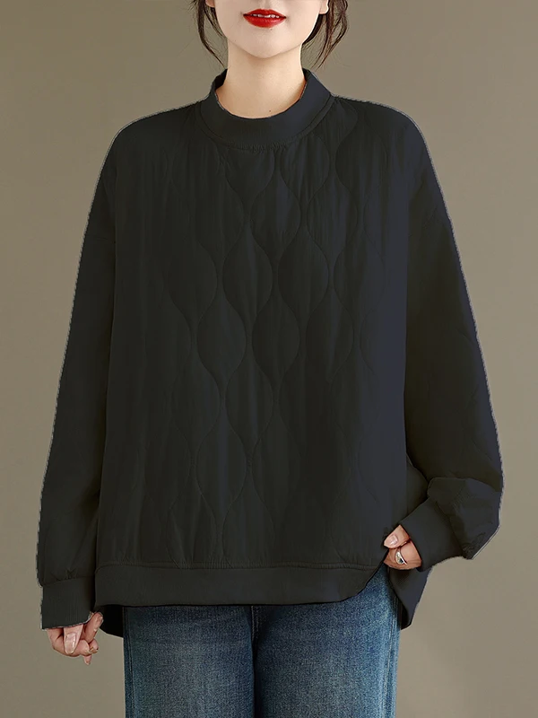 Casual Loose Lightweight Warm Cotton Filled Hoodie Brand Small Dark Style Stitched Jacket for Women Thick Long Sleeve round Neck