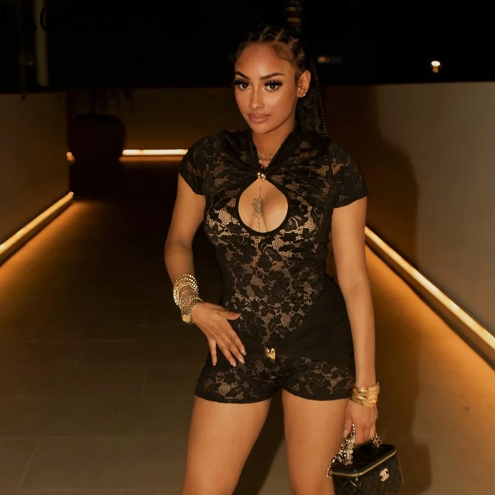 FAGADOER New Sexy Lace Hollow Out Rompers Women Fashion Metal Buckle Ruched Patchwork See Through Bodycon Jumpsuits Streetwear