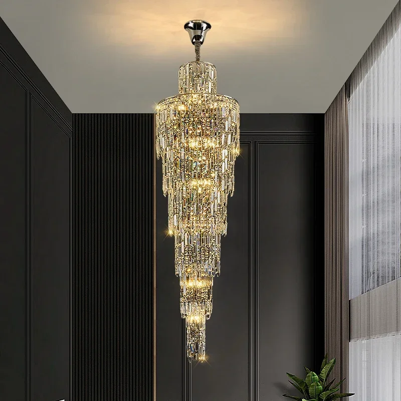 Villa Living Room Crystal Chandelier Light Luxury Lighting Duplex Floor To Floor Rotating Staircase Long Chandelier Decoration