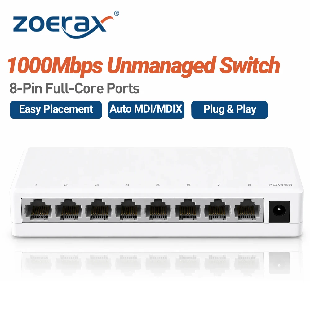 ZoeRax 8-Port Gigabit Network Switch Non-Managed Plug and Play Auto MDI/MDIX Easy Placement for Home Office IP Camera