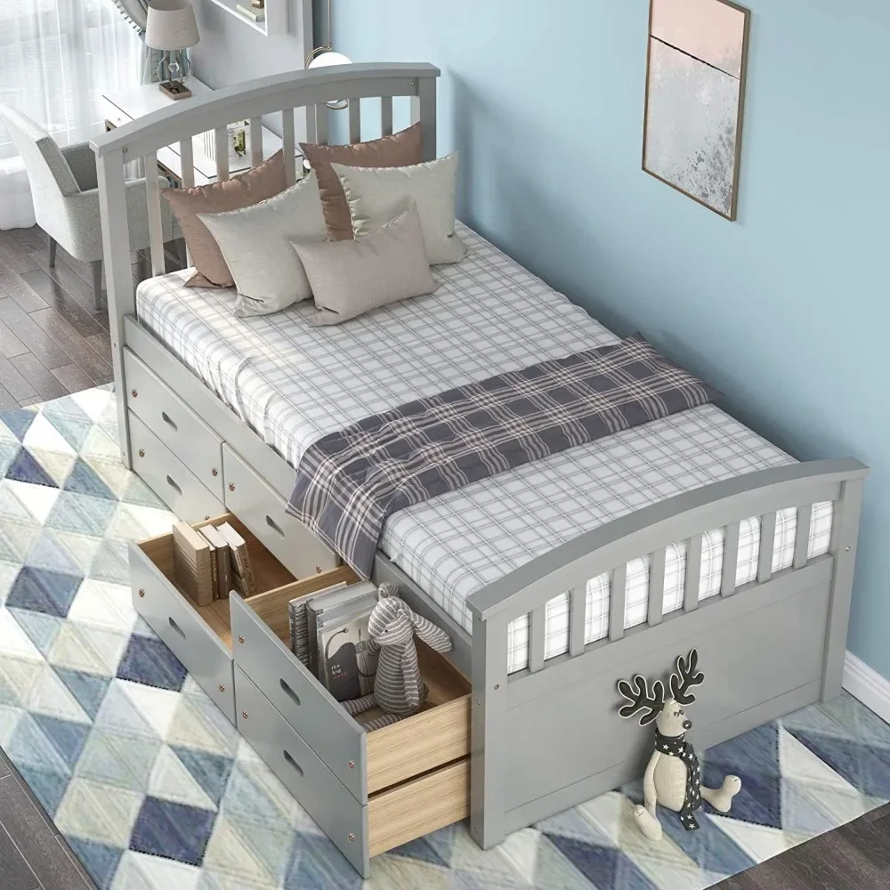 Platform Storage Bed Solid Wood Bed with 6 Drawers Twin Size