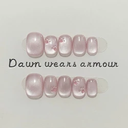10Pcs Pink Cat Eye Handmade Short Round Press On Nails Full Cover Star Design Square False Nails Wearable Manicure Nail Tips Art