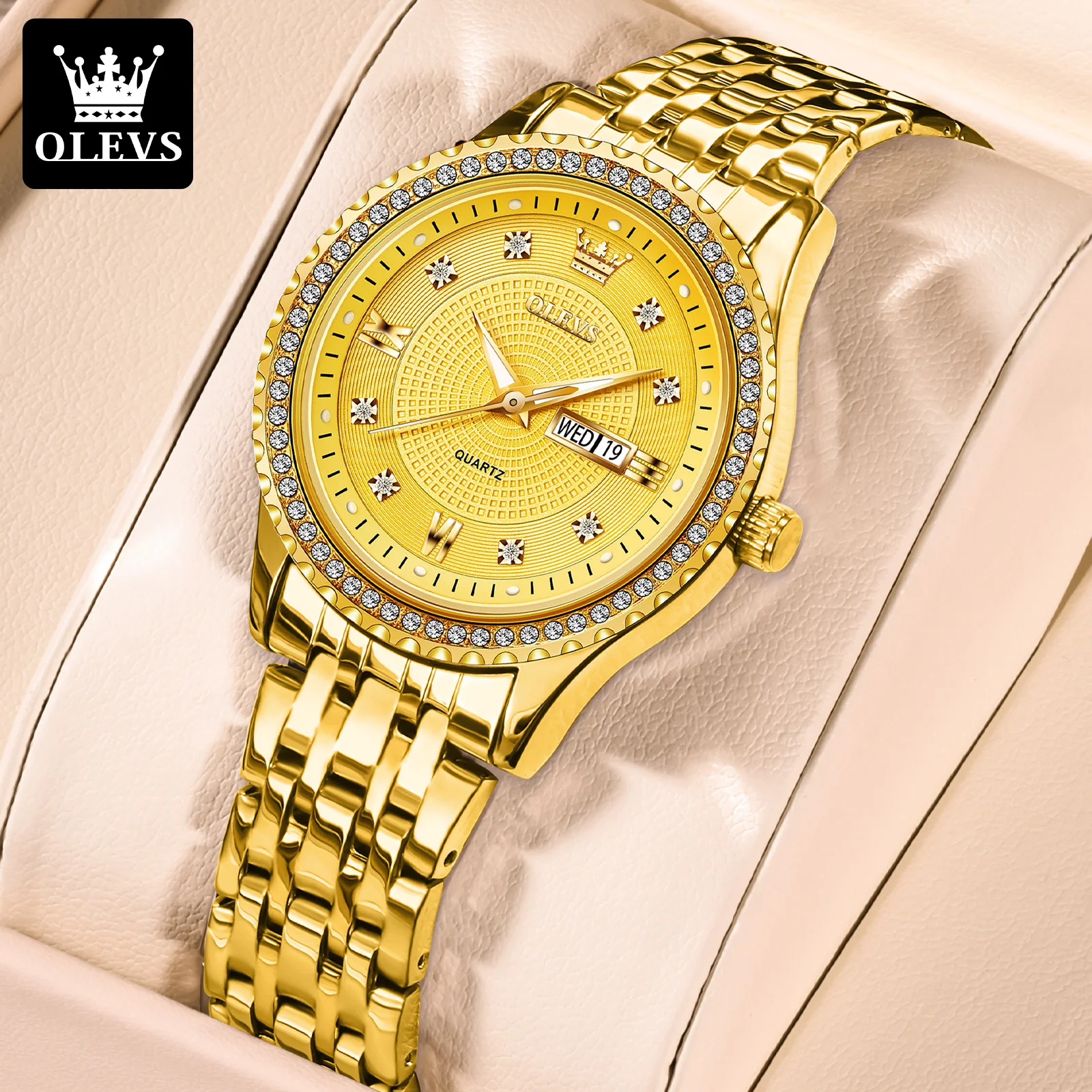 

Лидер продаж, женские наручные часы OLEVS из нержавеющей стали золотого цвета, водонепроницаемые, модные, деловые, простые, Роскошные Кварцевые женские часы