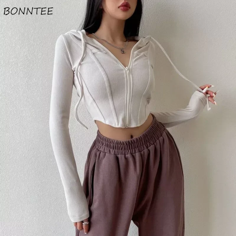 Long Sleeve T-Shirts Women Streetwear Hooded Solid Slim Fit All-match Sexy Hot Girls Comfortable Crop Tops Spring Female Clothes