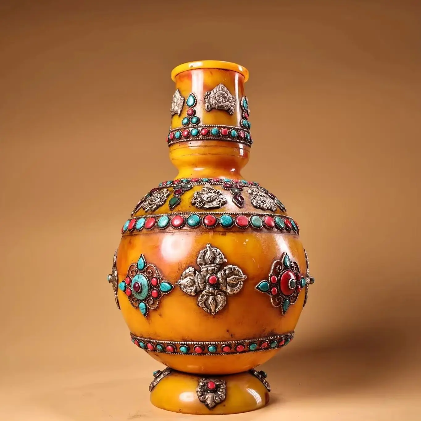 

12"Tibetan Temple Collection Old Beeswax Tibetan Silver Auspicious Eight Treasures Bottle Vase Amulet Washing Bowl Town house