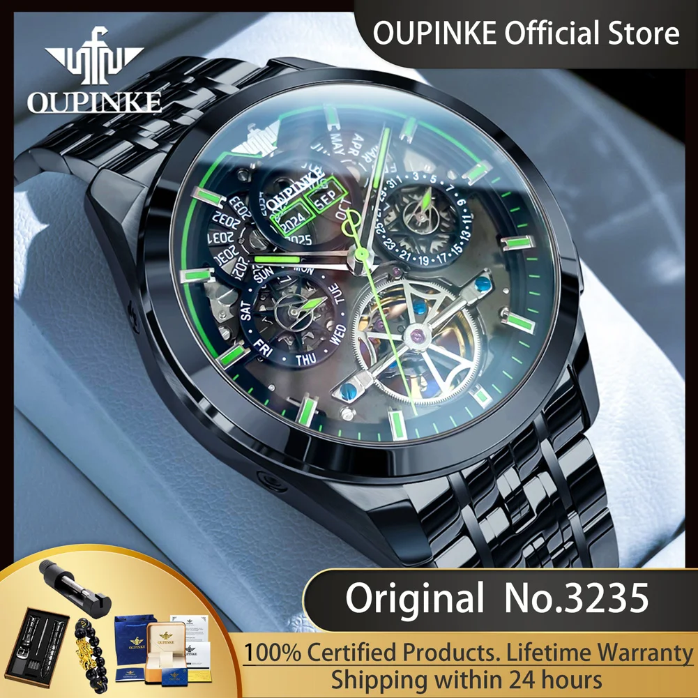 OUPINKE 3235 Black Skeleton Flywheel Automatic Mechanical Watches for Men Multi-function Stainless Steel Luxury Brand Wristwatch