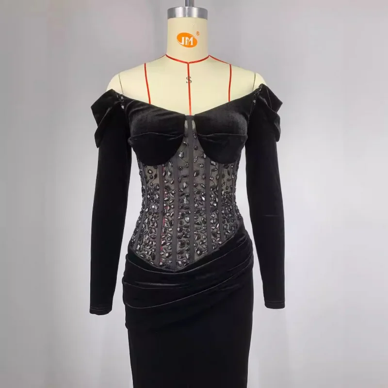 2025 nouveauté robe femme automne luxe strass Sexy pure épaules dénudées robe noire à la mode élégante robe de soirée