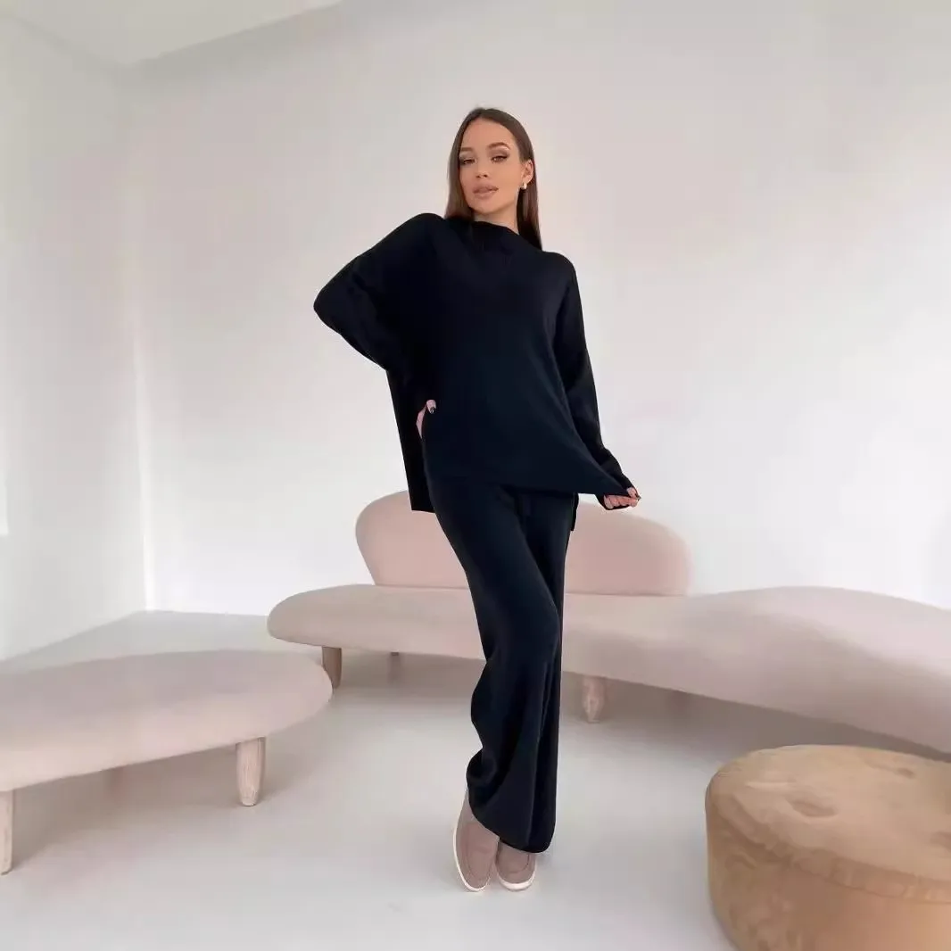 Casual Side Slit Set with Full Length Elegant Women Sets Sweater Top Regular Sleeve Spring Autumn Winter Full Length Pants