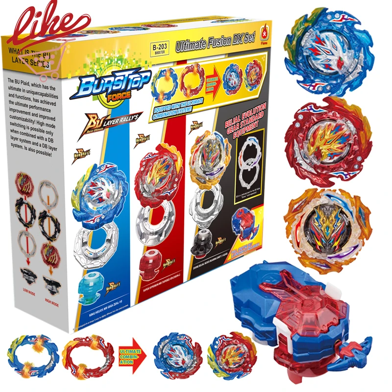 Laike BU Bey B-203 Ultimate Fusion DX Set 3 buah atasan berputar dengan kotak peluncur kustom Set mainan untuk anak-anak