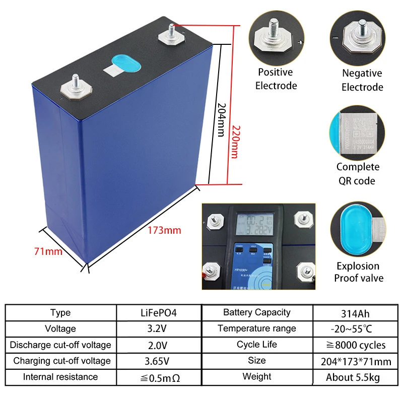 16 piece EVE 3.2V 314AH LiFePO4 square rechargeable battery with 8000 cycles, suitable for 12V 24V 48V solar energy